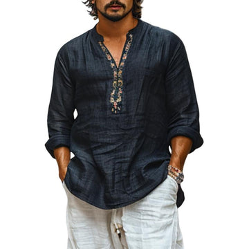 Raviano | Linnen Ademend Gedrukt V-Hals Lange Mouwen Shirt